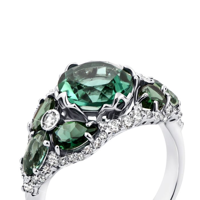 Срібна каблучка з зеленим кварцом і фіанітами (1188/1р-QGR)