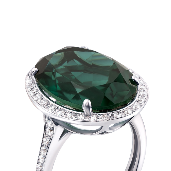 Срібна каблучка з зеленим кварцом і фіанітами. Артикул 1684/9р