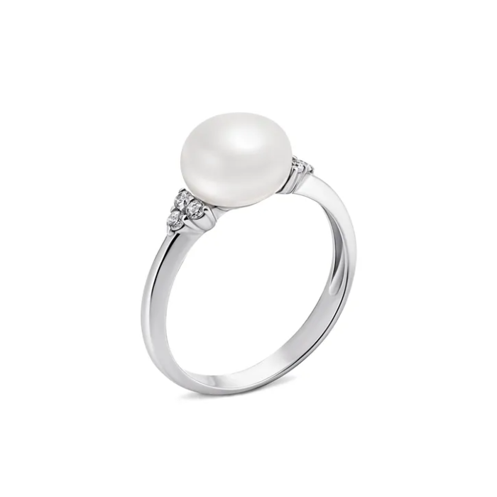 Срібна каблучка з перлиною і фіанітами. Артикул UG51789/1р-PWT