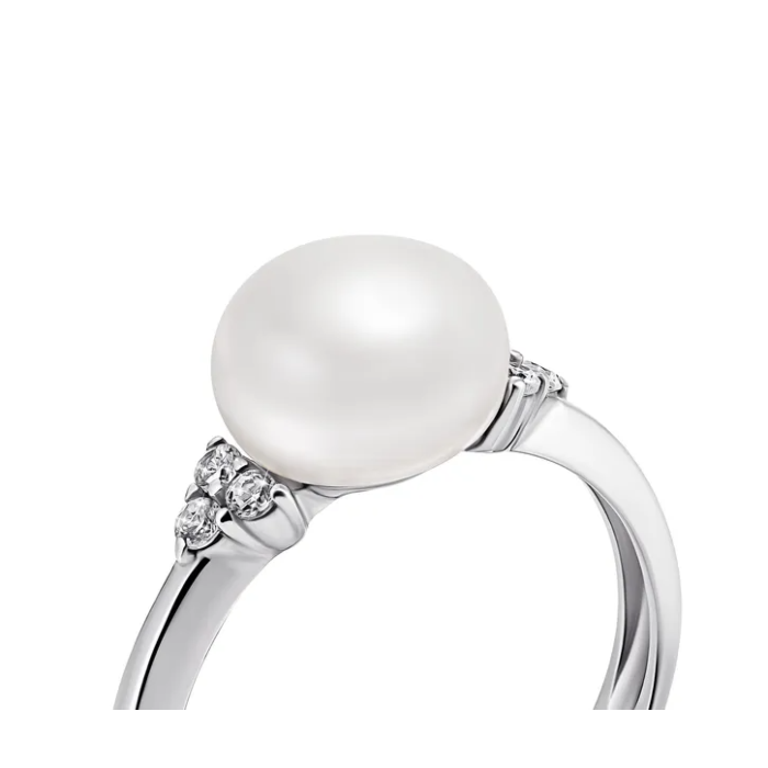 Срібна каблучка з перлиною і фіанітами. Артикул UG51789/1р-PWT