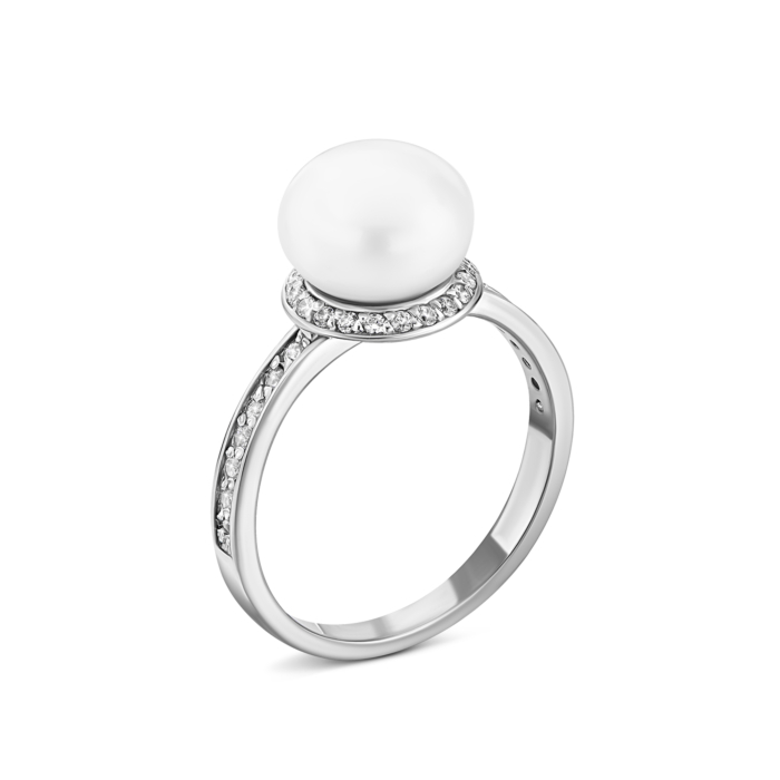 Срібна каблучка з перлиною і фіанітами.Артикул UG58059 Р/8.5