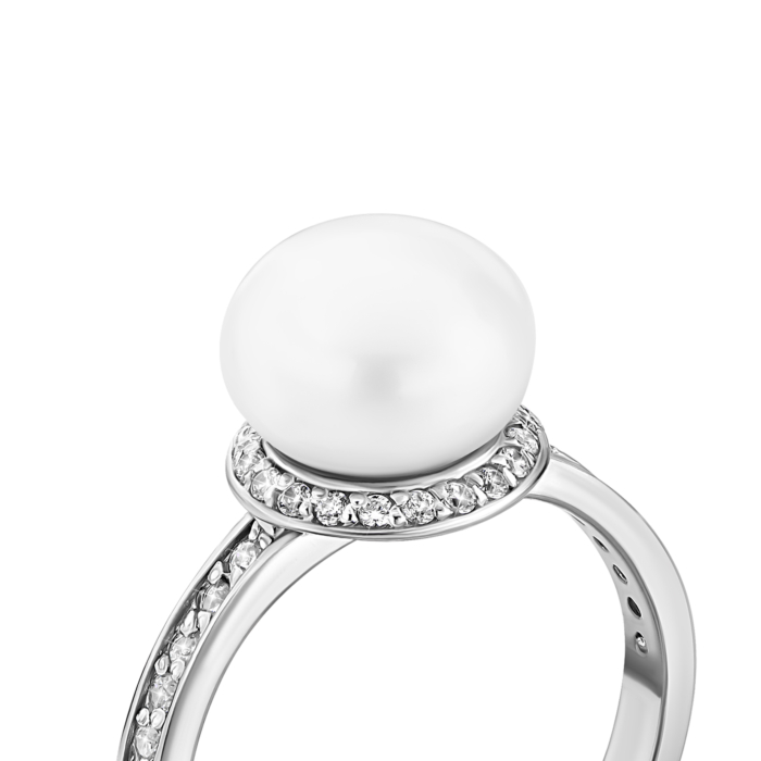 Срібна каблучка з перлиною і фіанітами.Артикул UG58059 Р/8.5