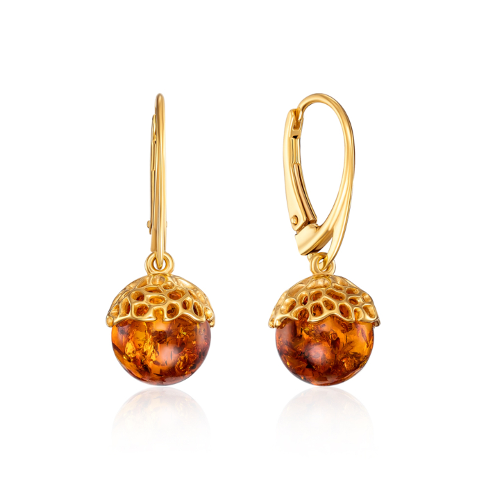 Серебряные позолоченные серьги с янтарем. Артикул AuE165C-E/20/2787