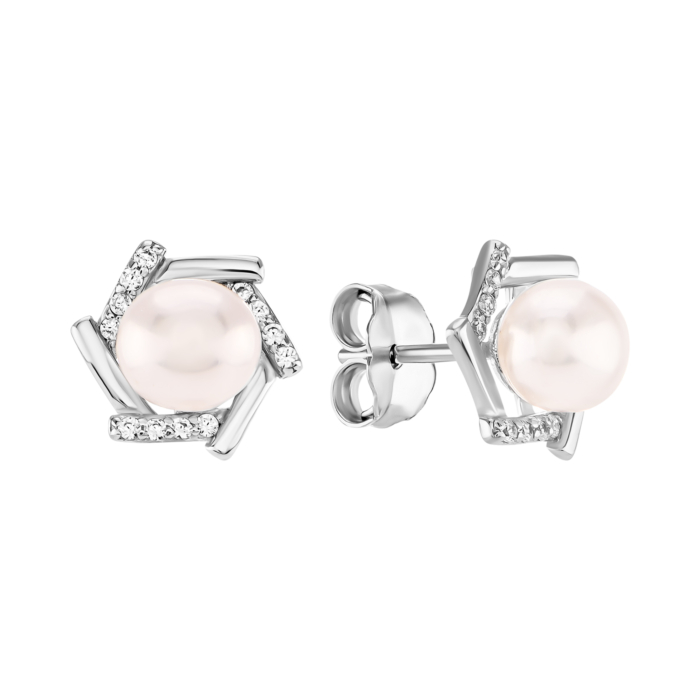 Серебряные пусеты с жемчугом и фианитами. Артикул UG5B17281