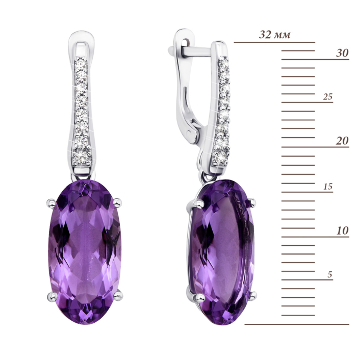 Срібні сережки-підвіски з аметистом і фіанітами (2842/9р-AMT)