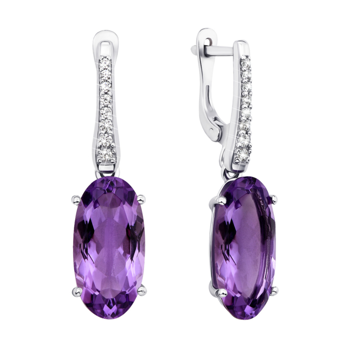 Срібні сережки-підвіски з аметистом і фіанітами (2842/9р-AMT)