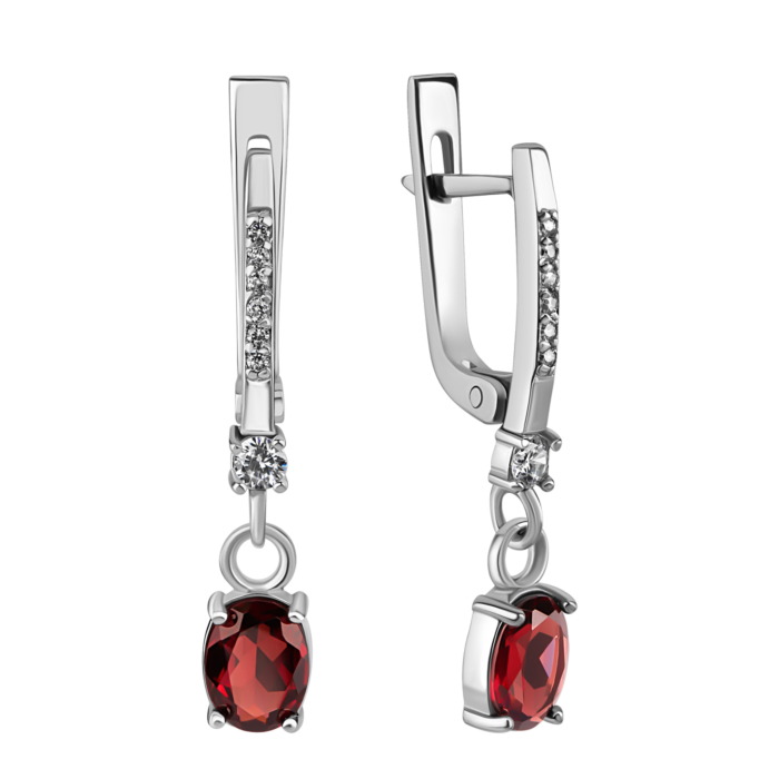 Серебряные серьги-подвески с гранатом и фианитами.Артикул UG5с1272грRh