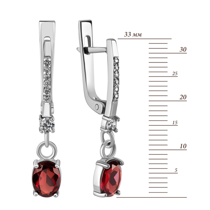 Серебряные серьги-подвески с гранатом и фианитами.Артикул UG5с1272грRh