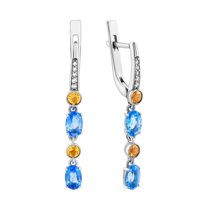 Срібні сережки-підвіски з цитрином, кварцом Tanzanite і фіанітами.Артикул UG52283/1р-QTANCIT