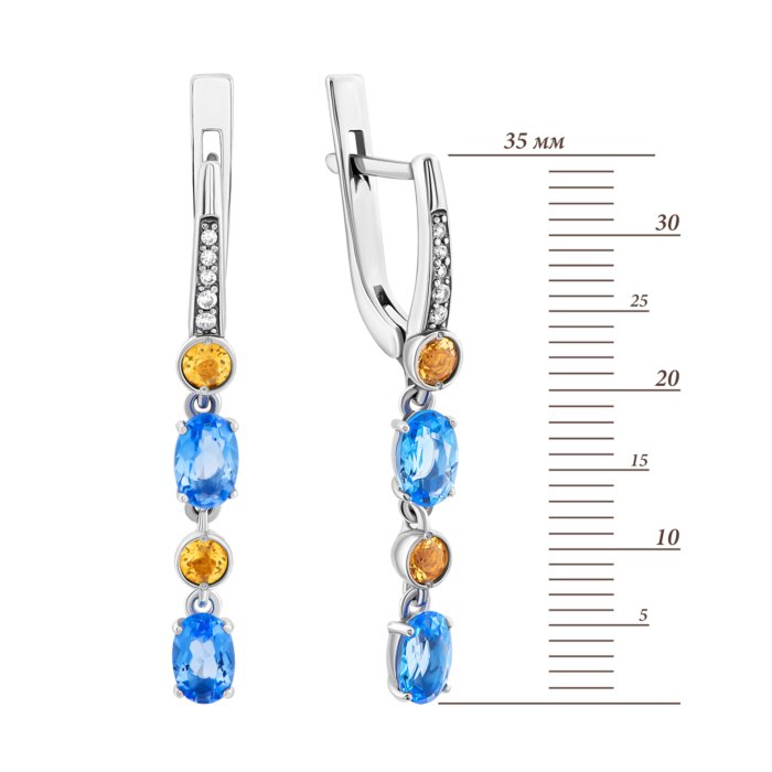 Срібні сережки-підвіски з цитрином, кварцом Tanzanite і фіанітами.Артикул UG52283/1р-QTANCIT
