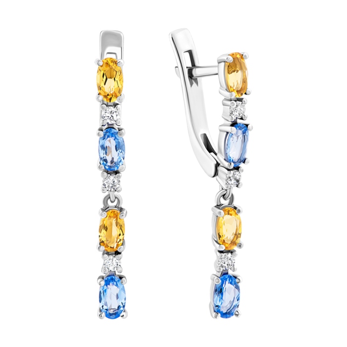 Срібні сережки-підвіски з цитрином, кварцом Tanzanite і фіанітами.Артикул UG52285/1р-QTANCIT