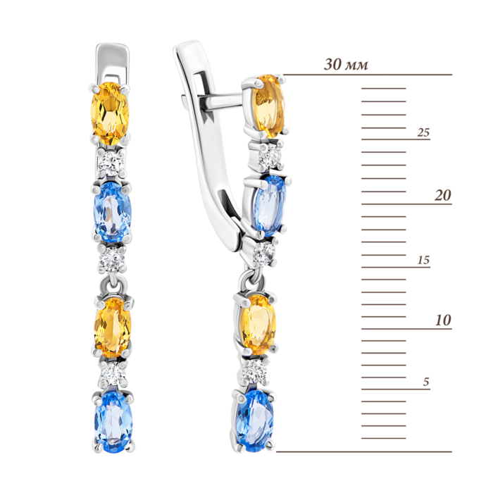 Срібні сережки-підвіски з цитрином, кварцом Tanzanite і фіанітами.Артикул UG52285/1р-QTANCIT