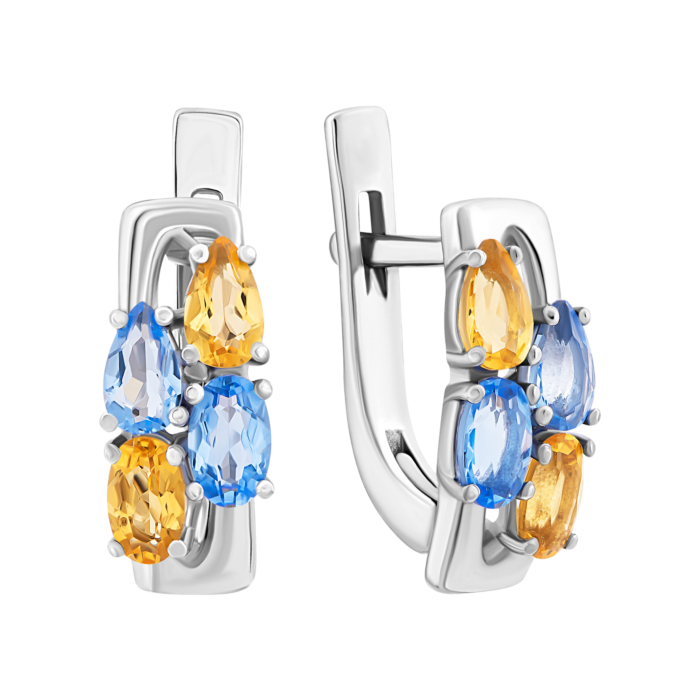 Срібні сережки з цитрином, кварцом Tanzanite.Артикул UG52290/1р-QTANCIT