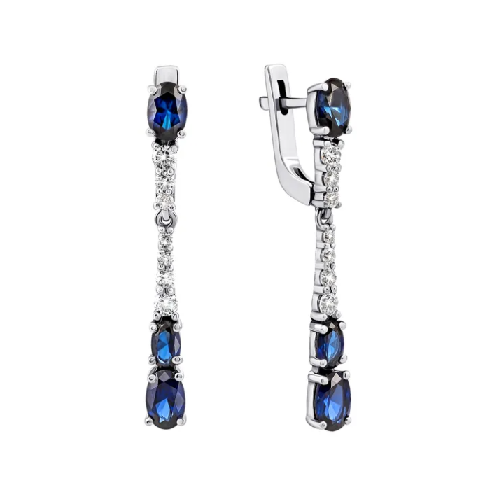 Срібні сережки-підвіски з сапфірами і фіанітами. Артикул UG52913/9р-HSPH