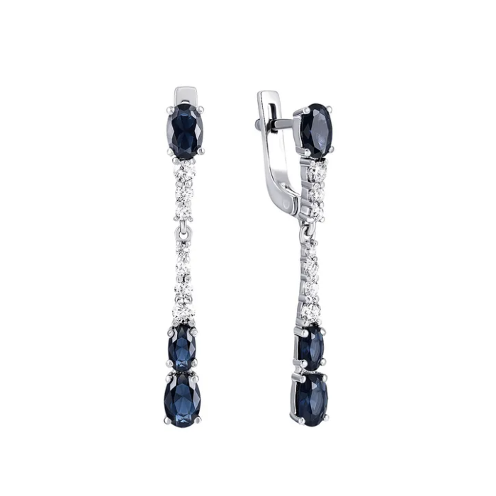 Серебряные серьги-подвески с сапфиром и фианитами. Артикул UG52913/9р-NSPH
