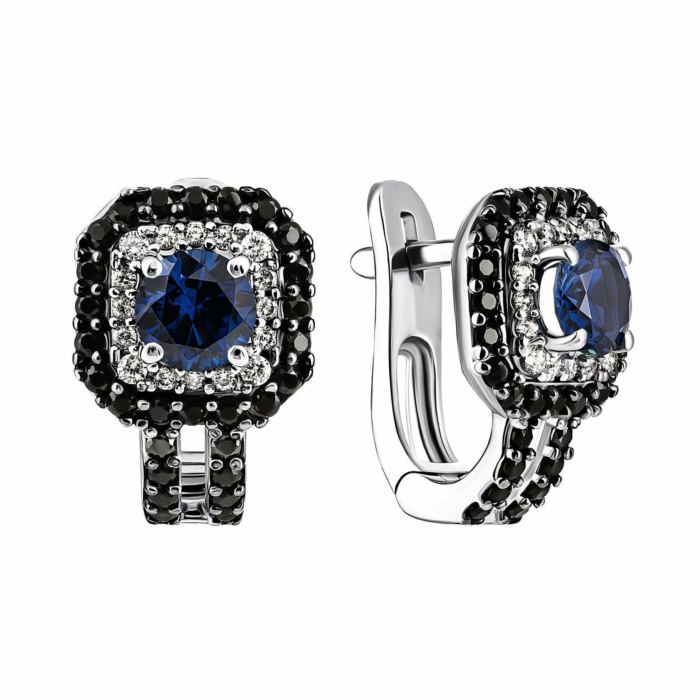 Серебряные серьги с сапфиром и фианитами. Артикул UG52120чб/1р-NSPH