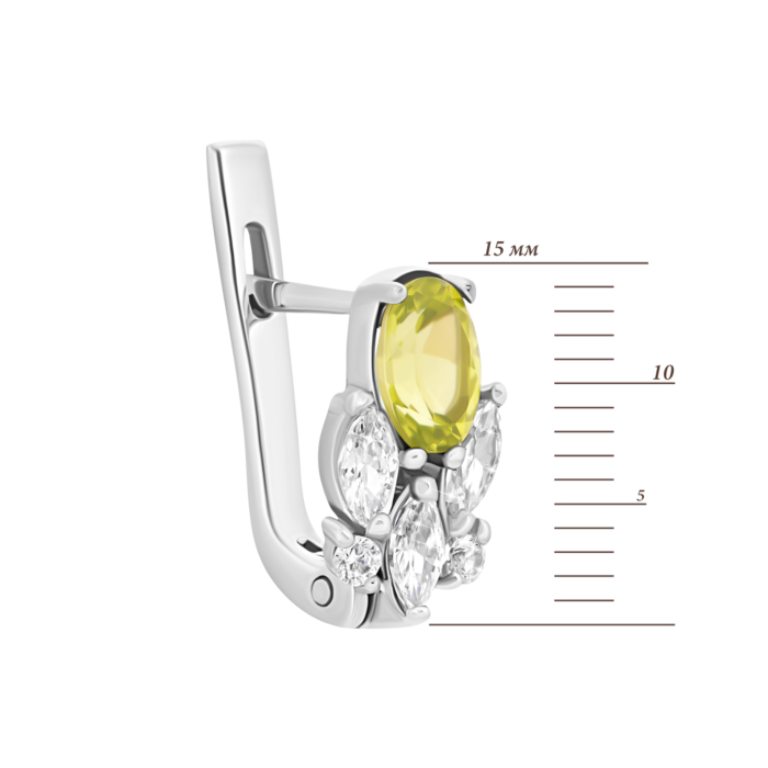 Срібні сережки з перидотом і фіанітами.Артикул UG5с1277перRh