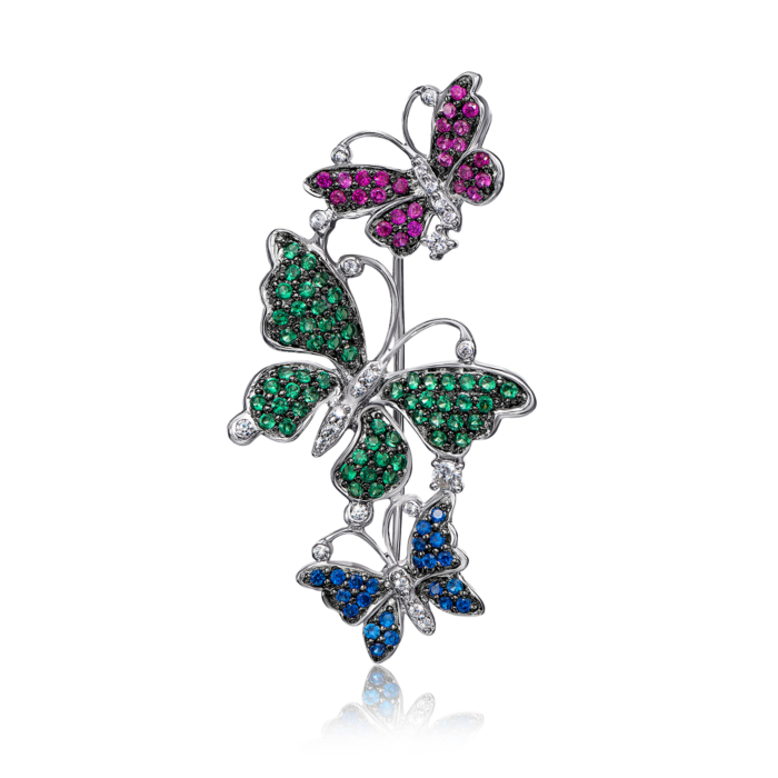 Срібна брошка «Метелики» з фіанітами. Артикул T00060-1-SH/12/1