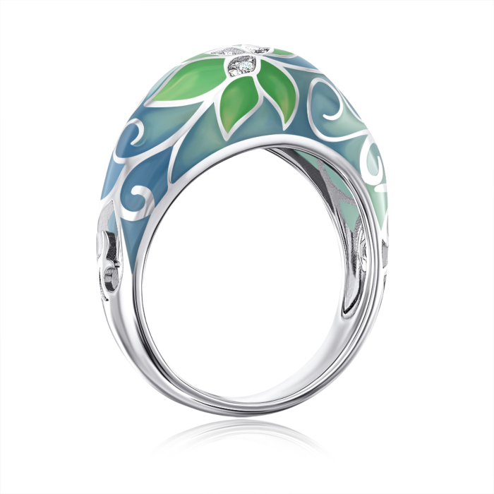 Срібна каблучка з емаллю та фіанітами. Артикул 12038RA1-R/12/3476