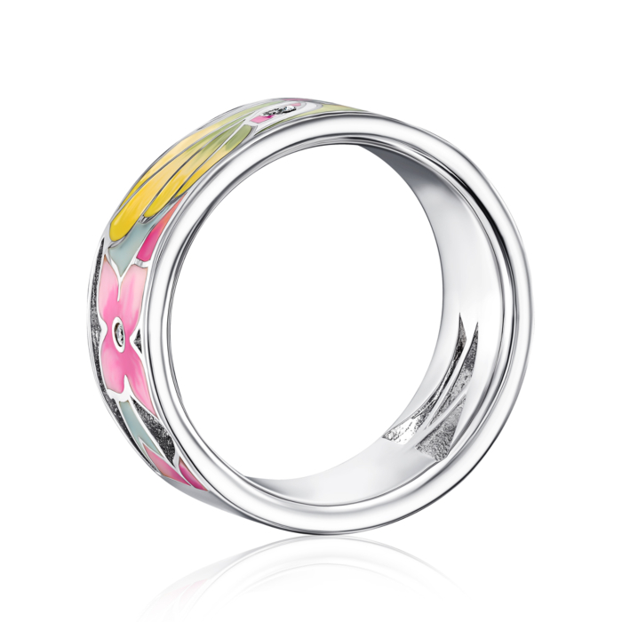 Срібна каблучка з емаллю та фіанітами. Артикул 12119R-R/12/3471