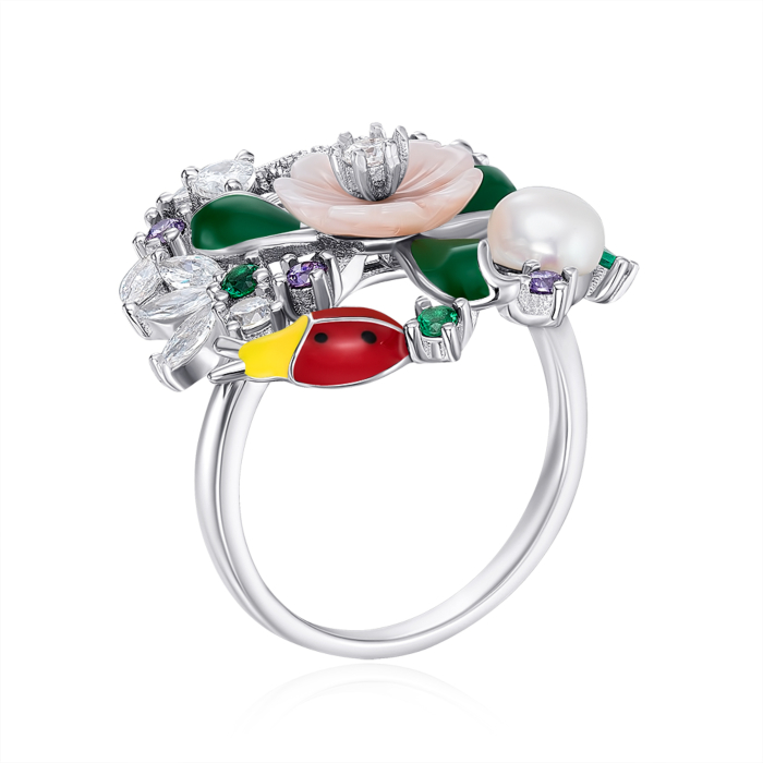 Срібна каблучка з перлиною і фіанітами. Артикул SR31210-BW-R/12/2502