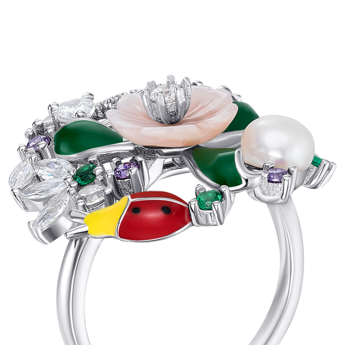 Срібна каблучка з перлиною і фіанітами. Артикул SR31210-BW-R/12/2502