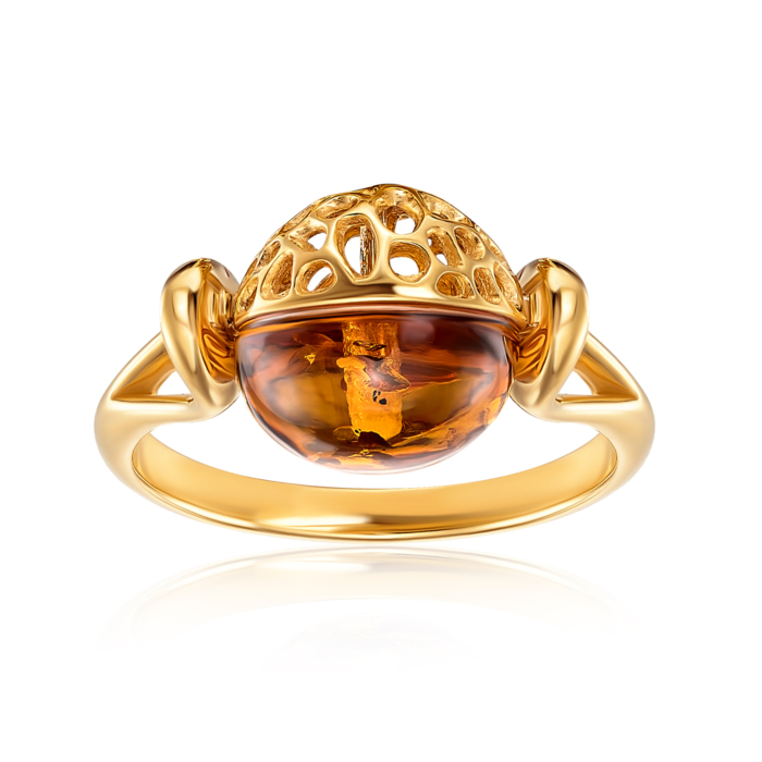 Срібна позолочена каблучка з бурштином. Артикул AuR127C-R/20/2787