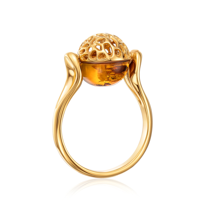 Срібна позолочена каблучка з бурштином. Артикул AuR127C-R/20/2787