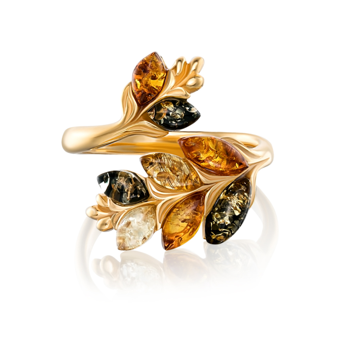 Серебряное позолоченное кольцо с янтарем. Артикул AuR173M-R/20/2787