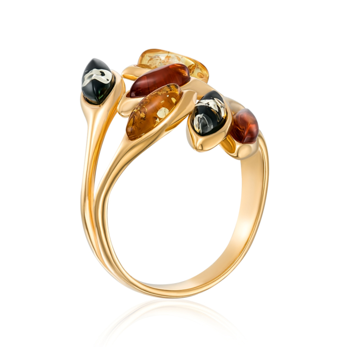 Серебряное позолоченное кольцо с янтарем. Артикул AuR149M-R/20/2787