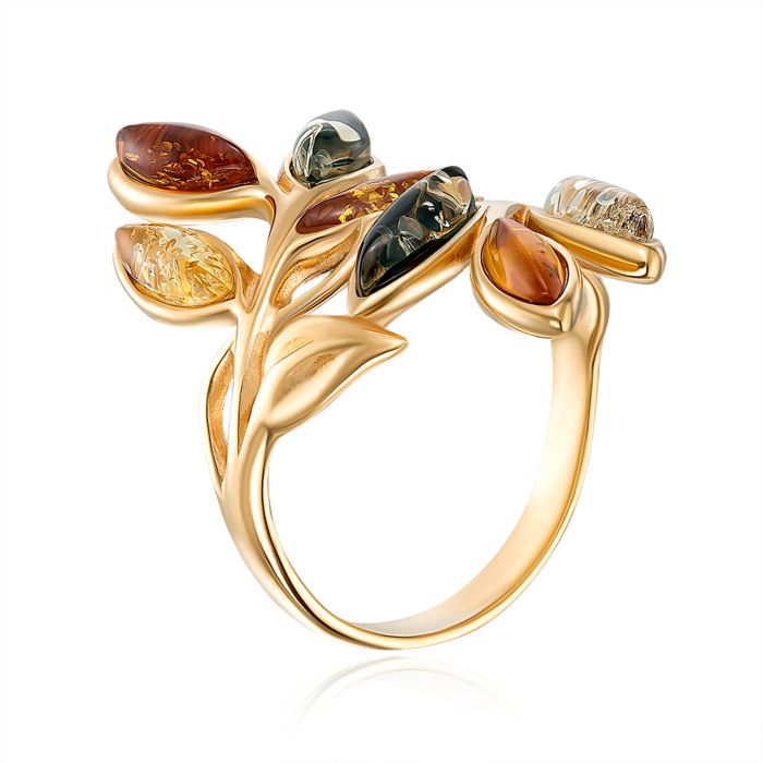 Серебряное позолоченное кольцо с янтарем. Артикул AuR172M-R/20/2787