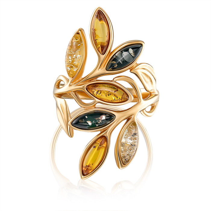 Серебряное позолоченное кольцо с янтарем. Артикул AuR172M-R/20/2787