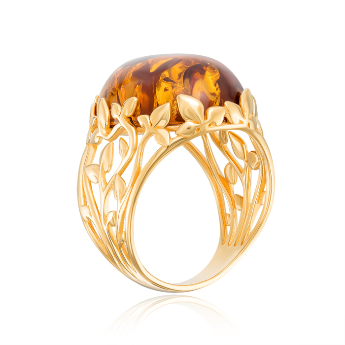 Серебряное позолоченное кольцо с янтарем. Артикул R567C-GP-R/20/2787