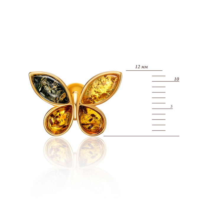 Серебряные позолоченные пуссеты «Бабочки» с янтарем. Артикул AuE554M-E/20/2787
