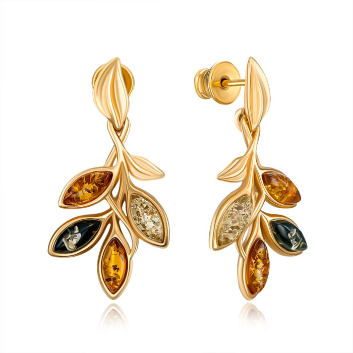 Серебряные позолоченные пуссеты с янтарем. Артикул AuE221M-E/20/2787