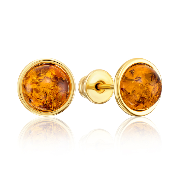 Серебряные позолоченные серьги-пуссеты с янтарем. Артикул E624C-GP-E/20/2787