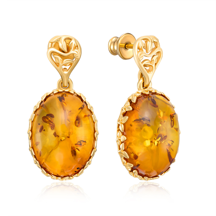 Срібні позолочені сережки з бурштином. Артикул E567C-GP-E/20/2787