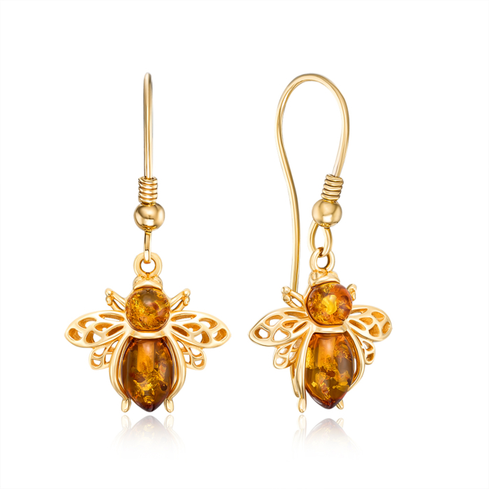 Срібні позолочені сережки з бурштином. Артикул E593C-GP-E/20/2787