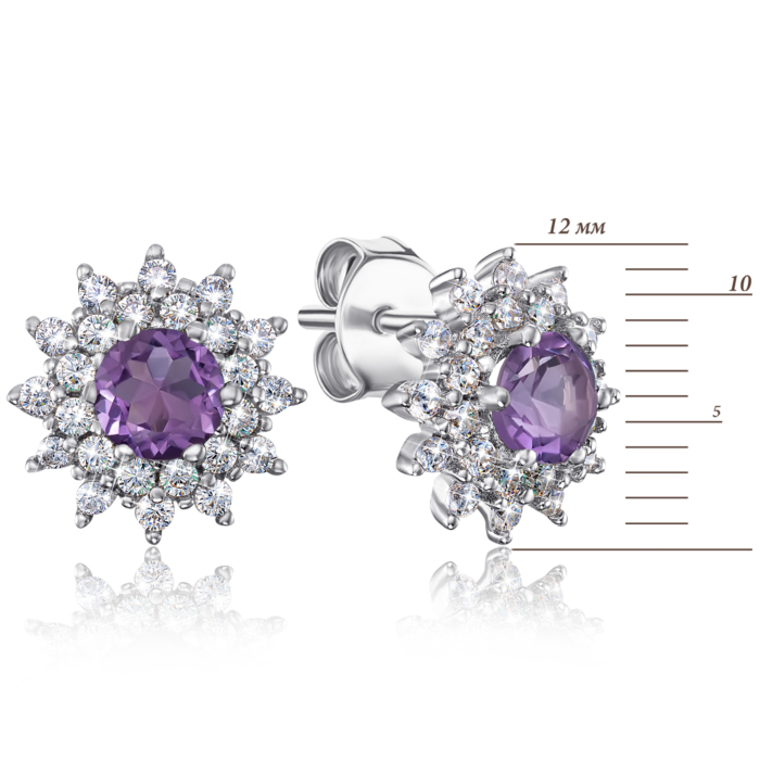 Срібні пусети з аметистом і фіанітами. Артикул NA687-E/12/5762