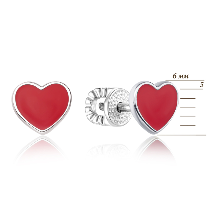 Серебряные пуссеты «Сердце» с красной эмалью. Артикул 40046/12/1/392