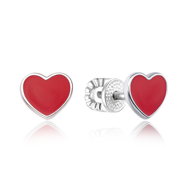 Серебряные пуссеты «Сердце» с красной эмалью. Артикул 40046/12/1/392