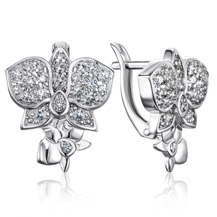 Срібні сережки «Орхідея» з фіанітами. Артикул 40709/12/1/854