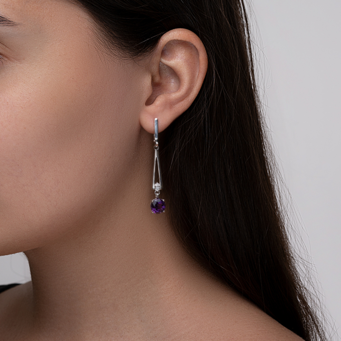 Срібні сережки-підвіски з аметистом. Артикул 2361/1р-AMET
