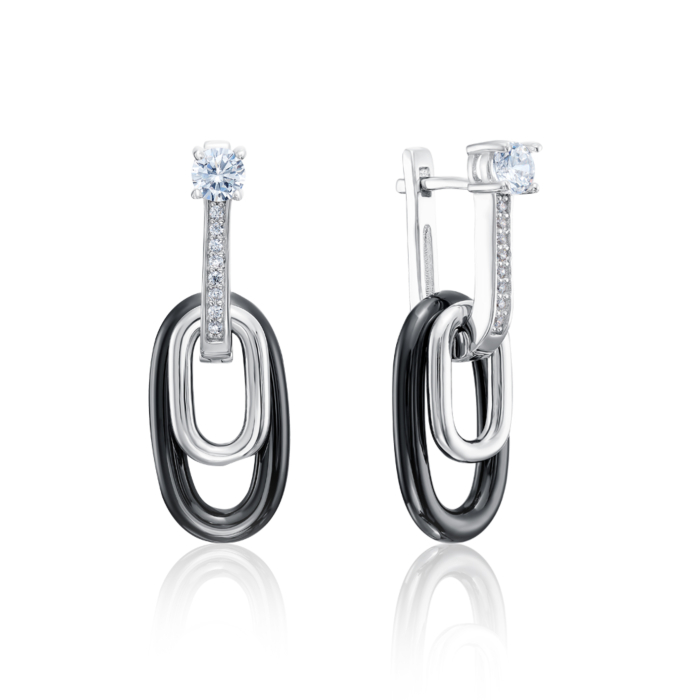 Срібні сережки-підвіски з керамікою і фіанітами. Артикул SE2981-B-E/12/1