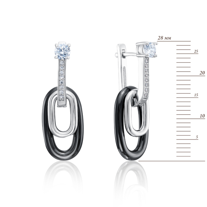 Срібні сережки-підвіски з керамікою і фіанітами. Артикул SE2981-B-E/12/1