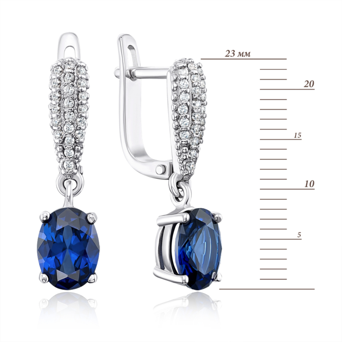 Срібні сережки-підвіски з сапфіром і фіанітами. Артикул 40517/12/1/2214