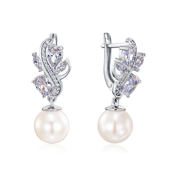 Срібні сережки-підвіски з перлами. Артикул 41105/12/1/3970