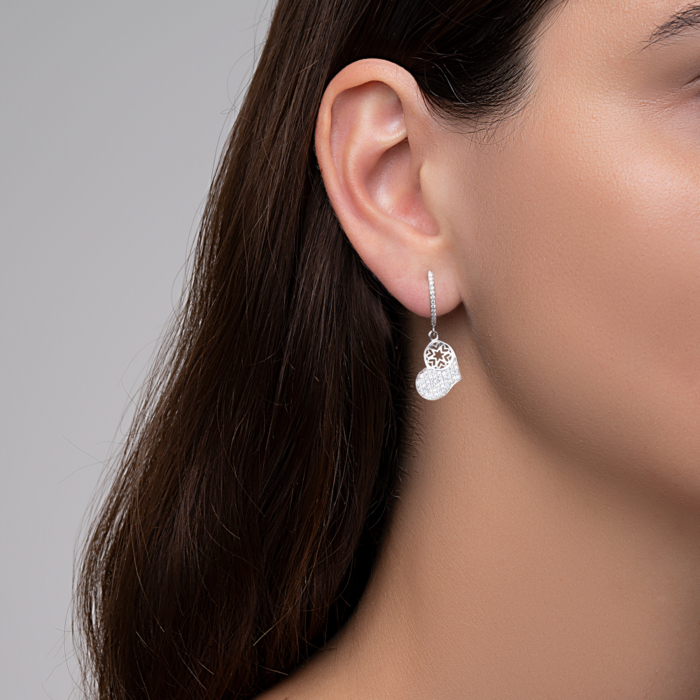 Срібні сережки-підвіски «Серце» з фіанітами. Артикул 40618/12/1/1