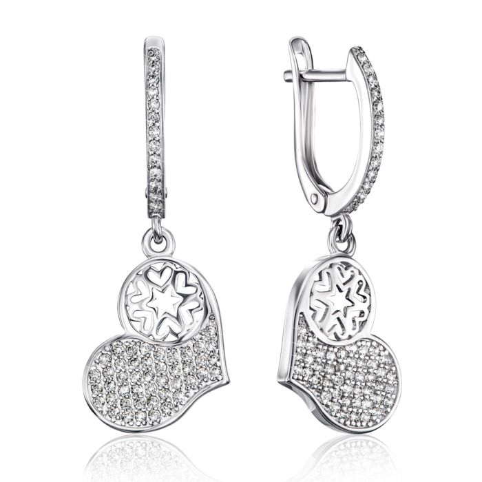 Срібні сережки-підвіски «Серце» з фіанітами. Артикул 40618/12/1/1