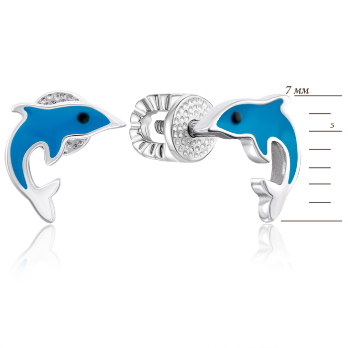 Серебряные серьги-пуссеты «Дельфин» с эмалью. Артикул 40024/12/1/1430